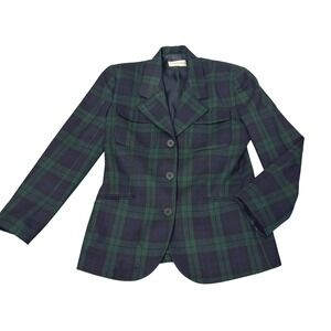 Barry Bricken Plaid Wool Blazer Sz 6 Tartan Black Watch Green Blue Dark Academia